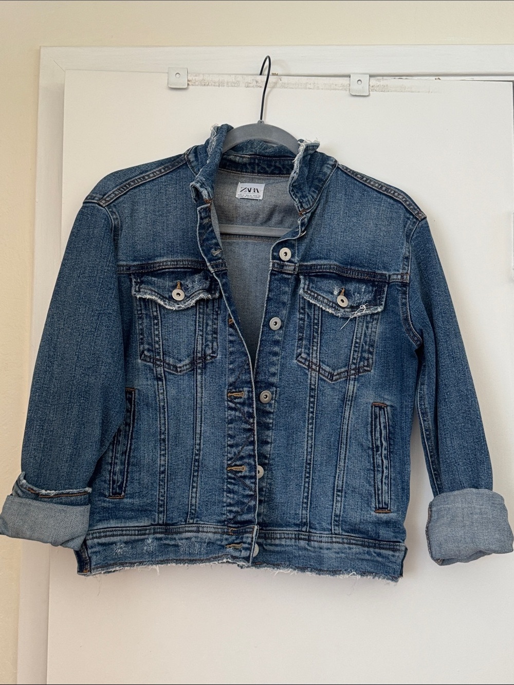 Zara Medium Blue Denim Jacket with Rolled Cuffs